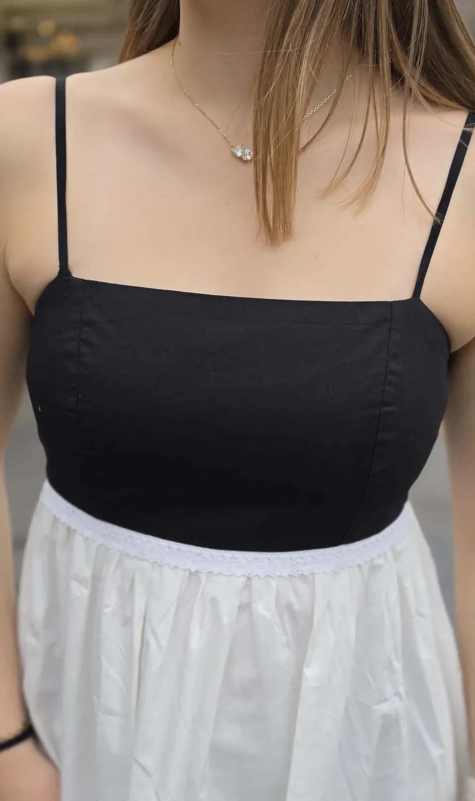 Monochrome Breeze Maxi Dress — Bodice & lace seam