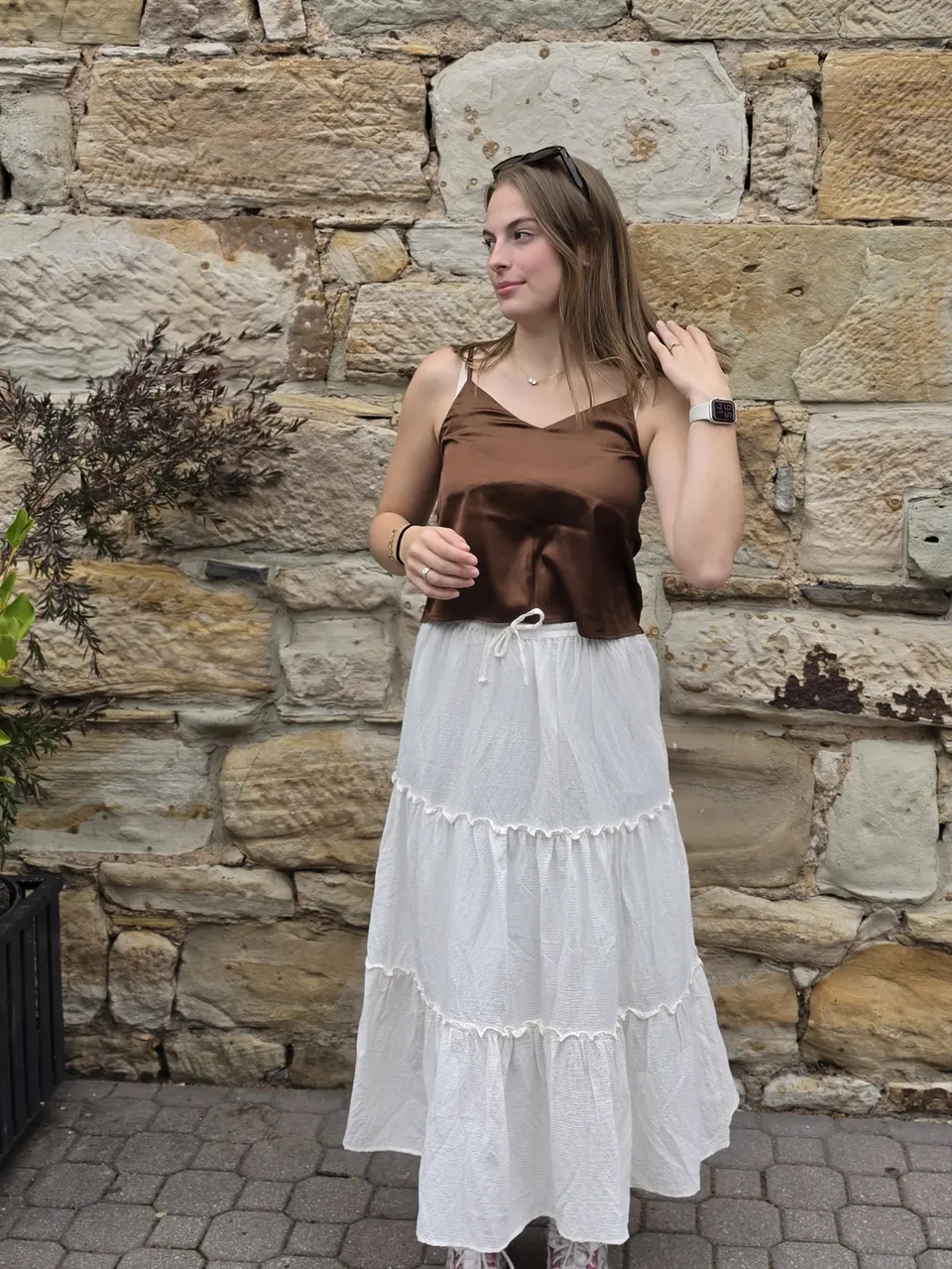 Ivory Ripple Tiered Maxi Skirt — On the model