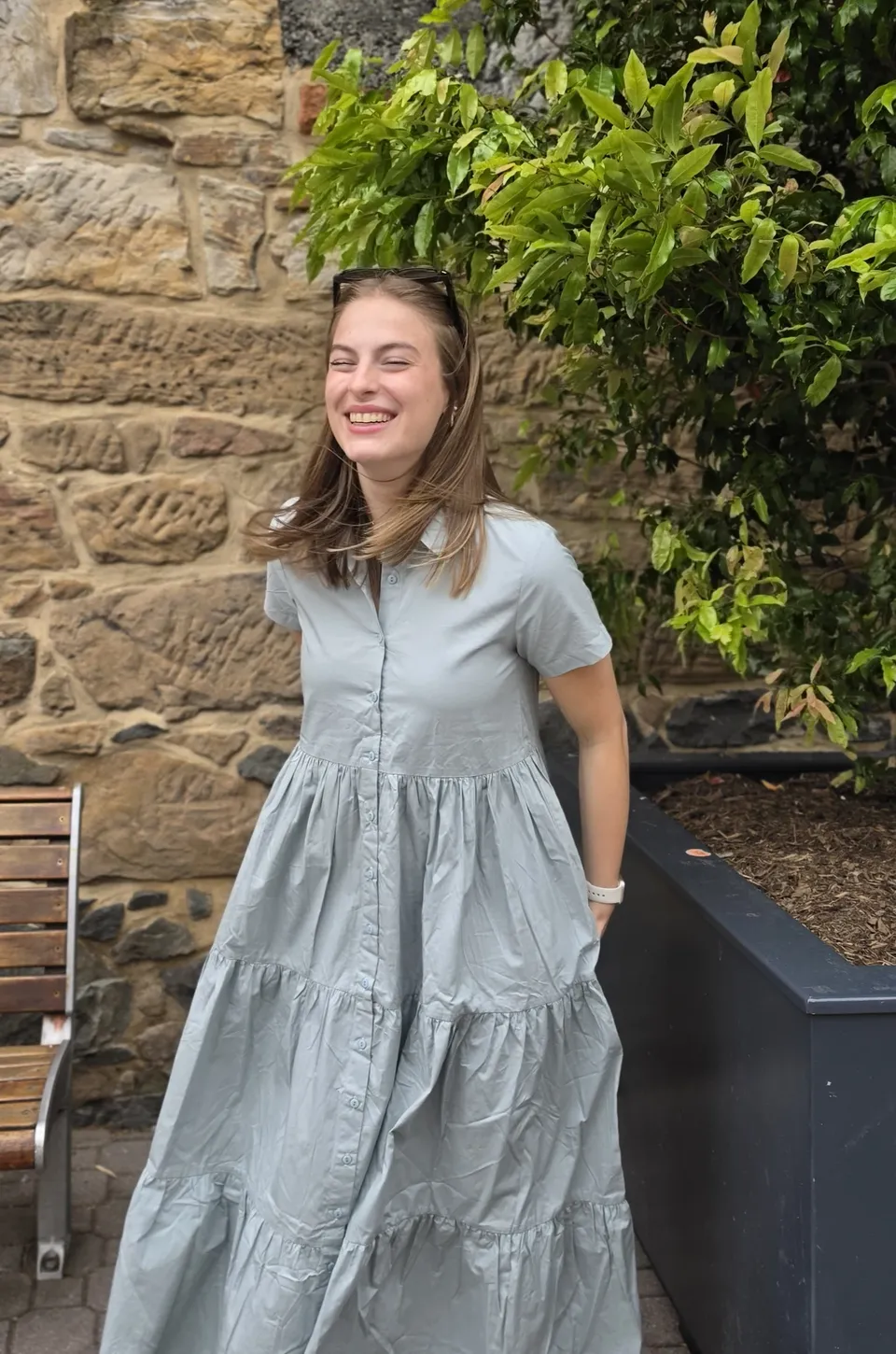 Tea Mist Shirt Maxi Dress — On the model