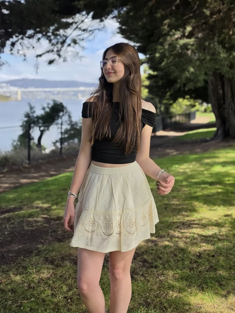 Pearl Eyelet Mini Skirt — On the model