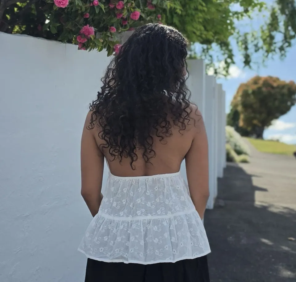 Moonflower Embroidered Halter Top — Eyelet back detail