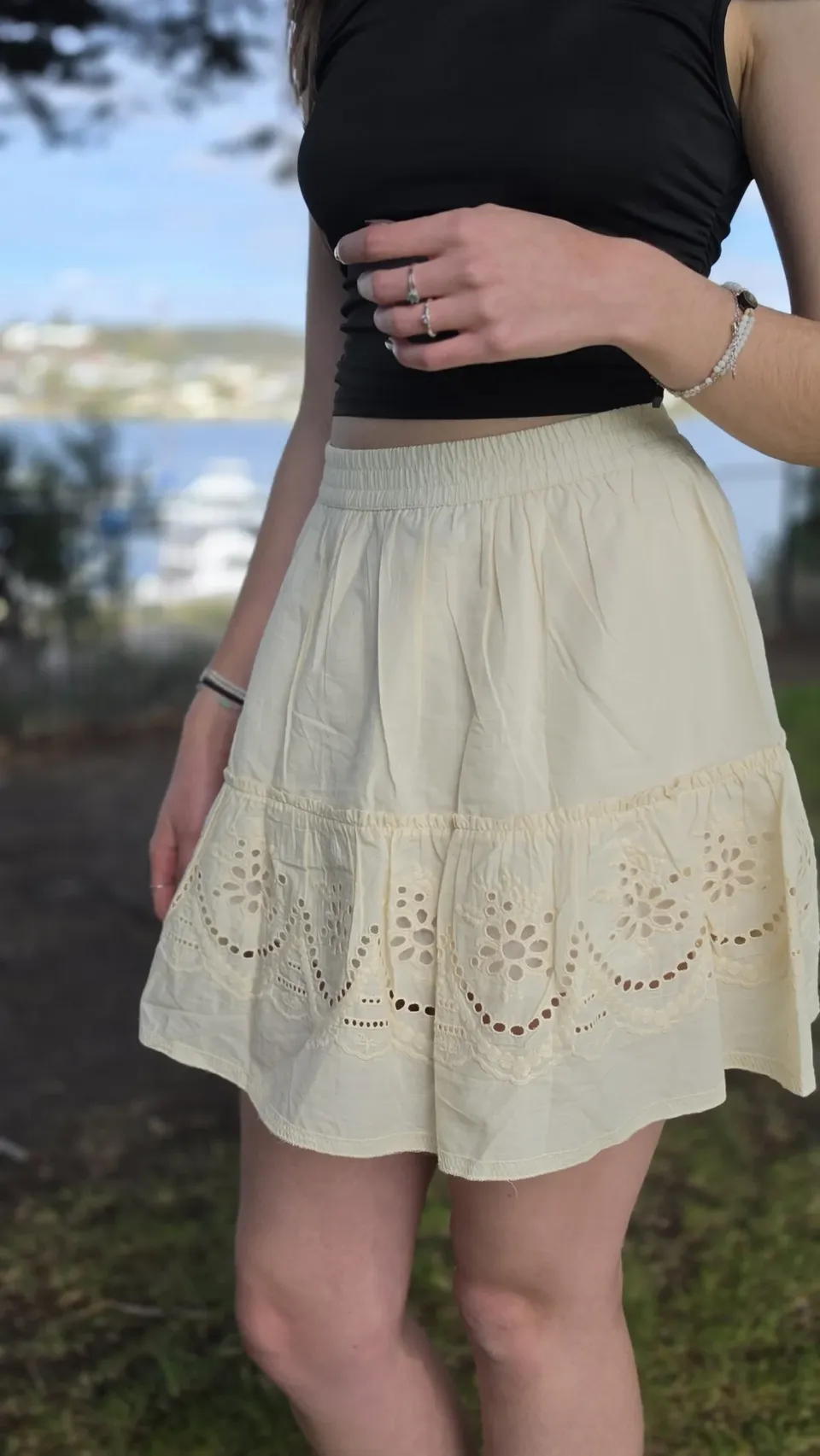 Pearl Eyelet Mini Skirt — Eyelet & waistband