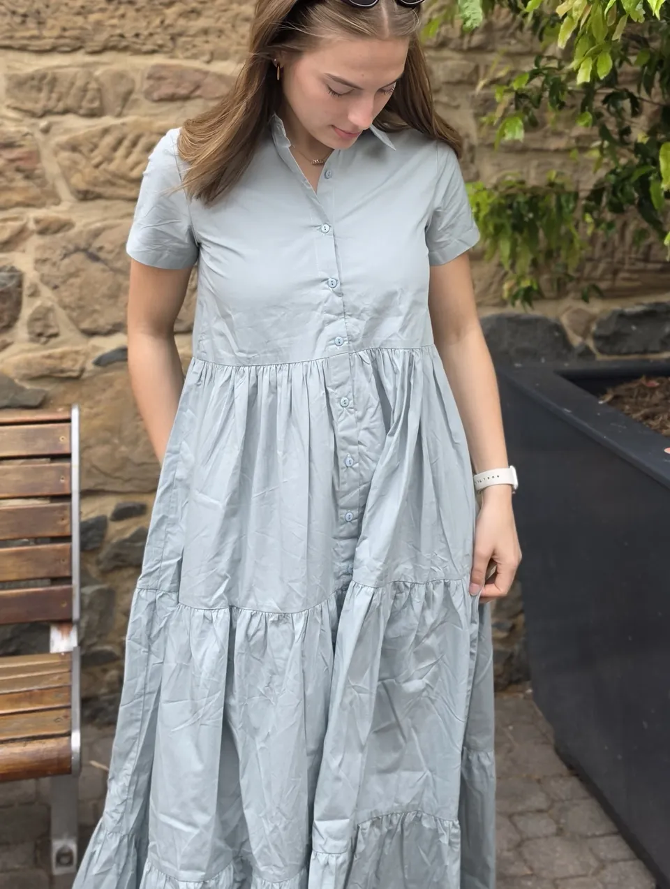 Tea Mist Shirt Maxi Dress — Gathering & buttons