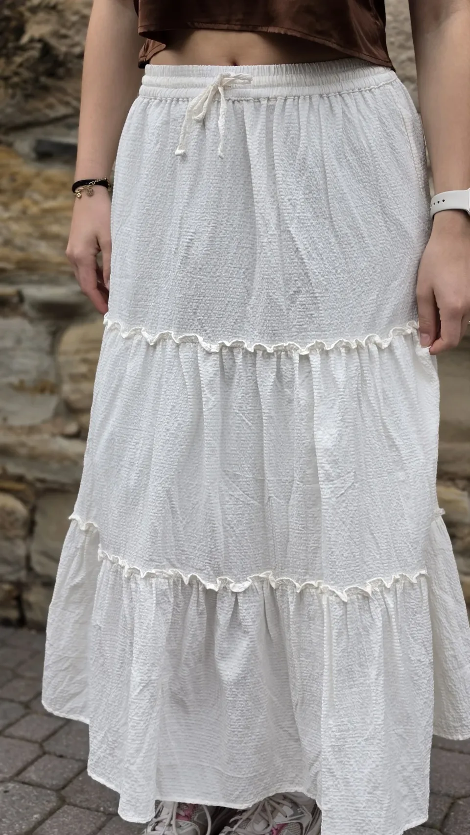 Ivory Ripple Tiered Maxi Skirt — Waist & tier detail