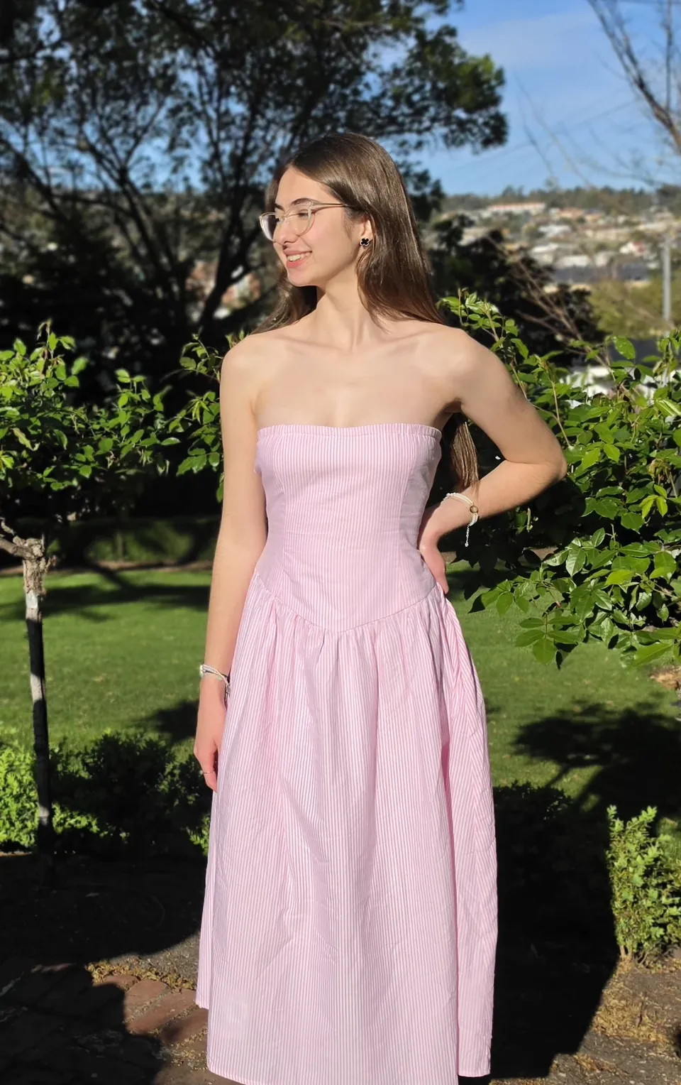 Rose Stripe Strapless Midi Dress — Garden silhouette