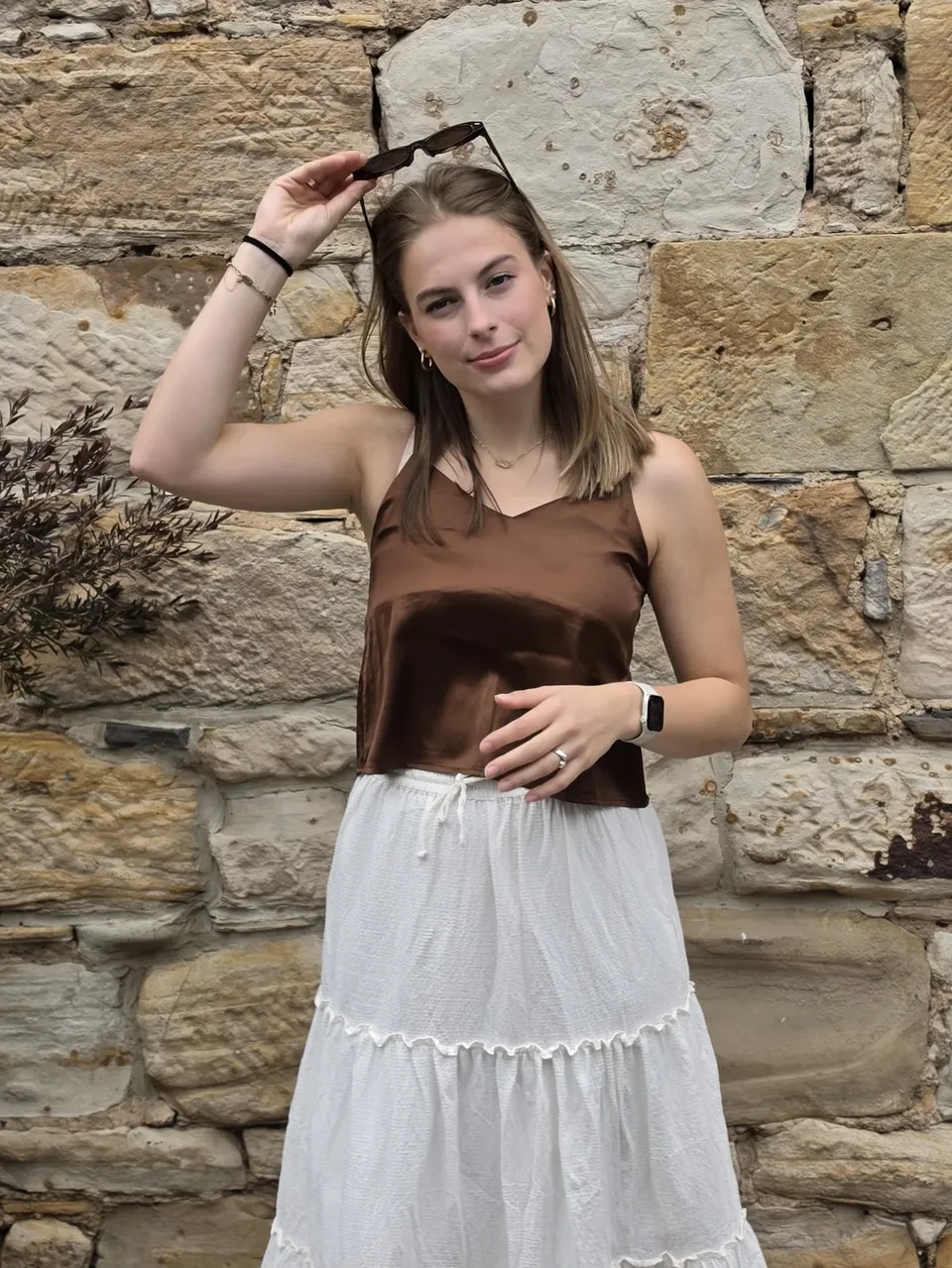 Cacao Light Satin Camisole — On the model
