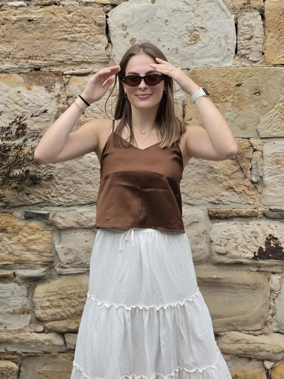 Cacao Light Satin Camisole — Styled with ivory
