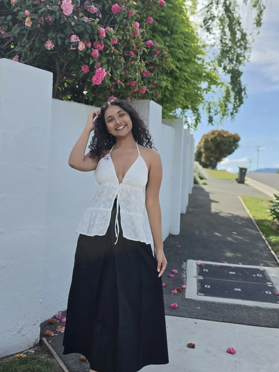 Moonflower Embroidered Halter Top — On the model