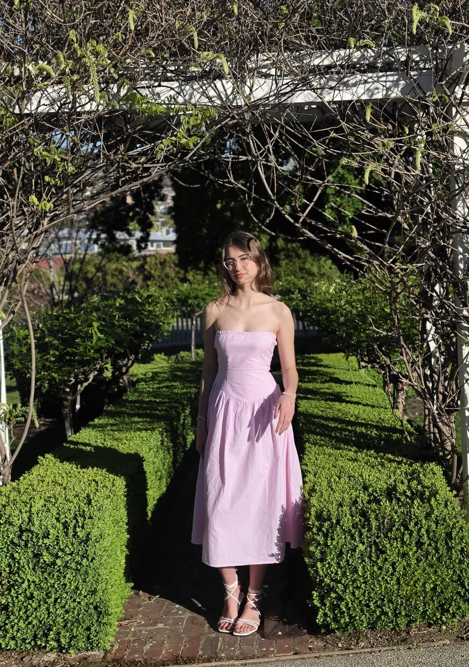 Rose Stripe Strapless Midi Dress — On the model