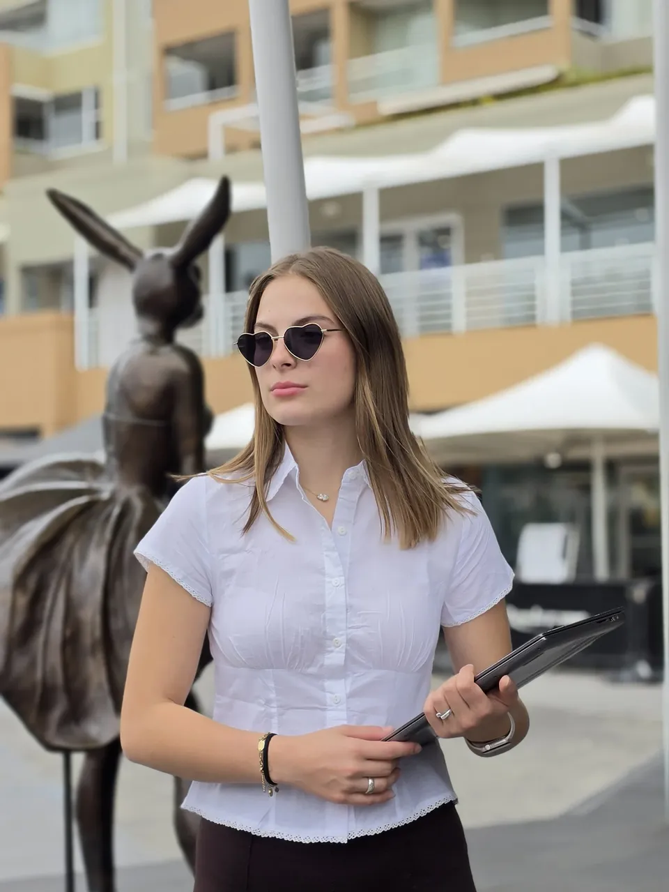 Pearl Lace-Trim Button Blouse — On the model