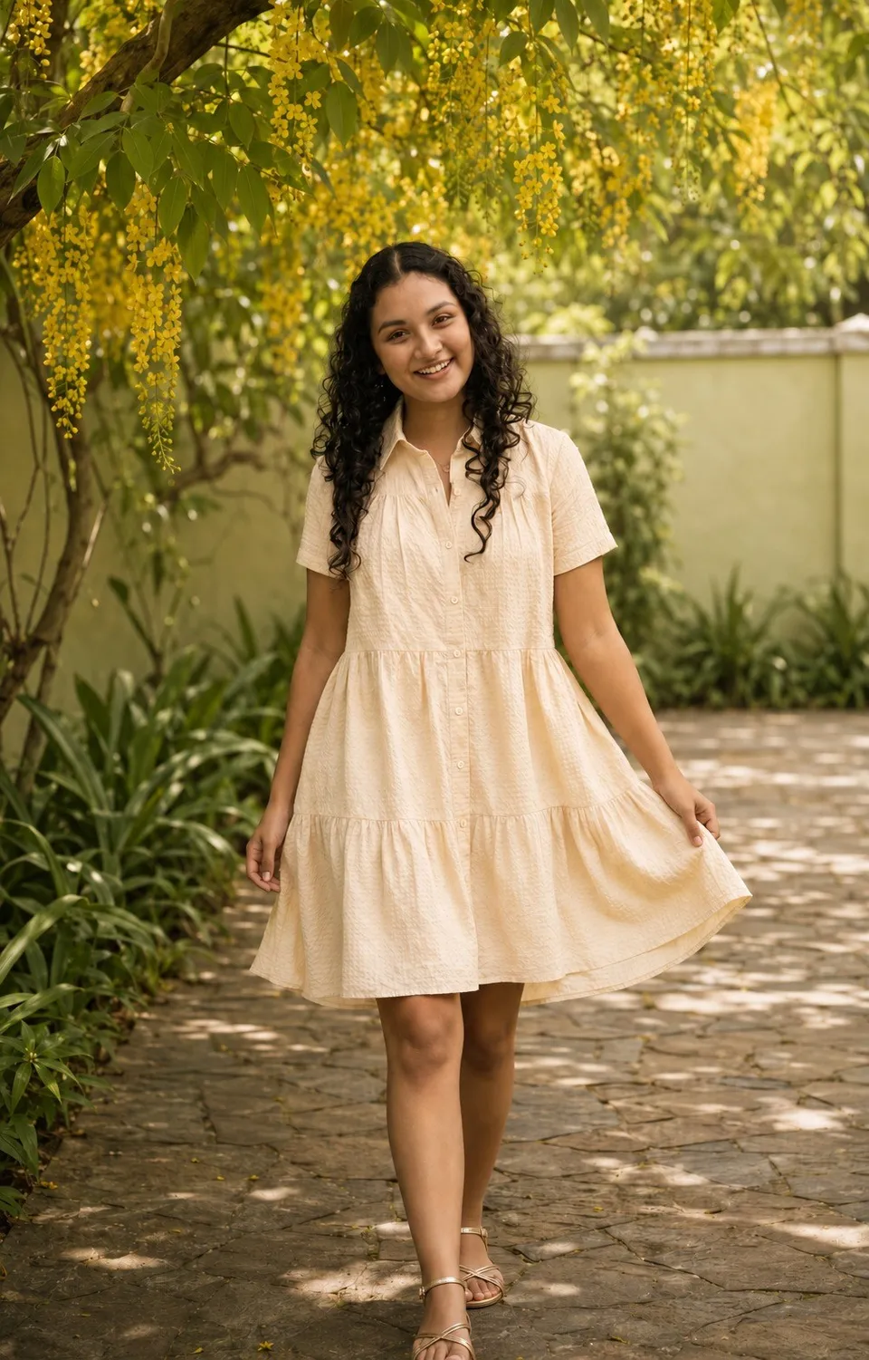 A Golden Cascade Tiered Shirt Dress